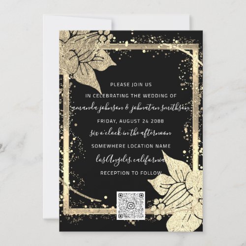 Wedding Monogram Florals Faux Gold Frame QR Code Invitation