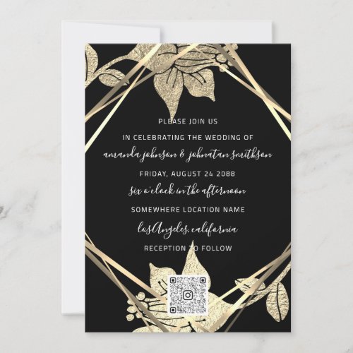Wedding Monogram Florals Faux Gold Frame QR  Invitation