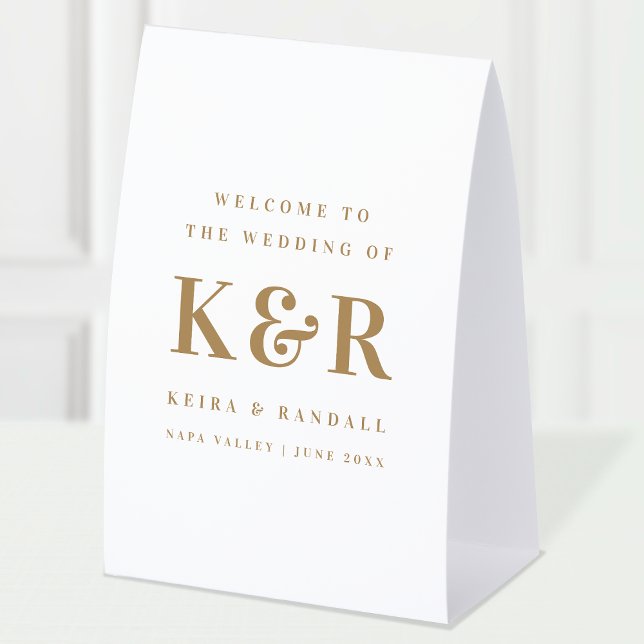 Wedding Monogram Gold and White Welcome Paper Table Tent (Elegant gold & white editable paper table tent Wedding welcome sign.)
