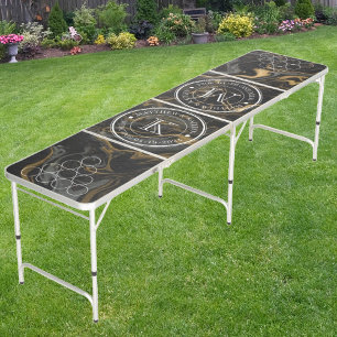 Wedding Monogram Gold Black Marble Swirl Stone Beer Pong Table