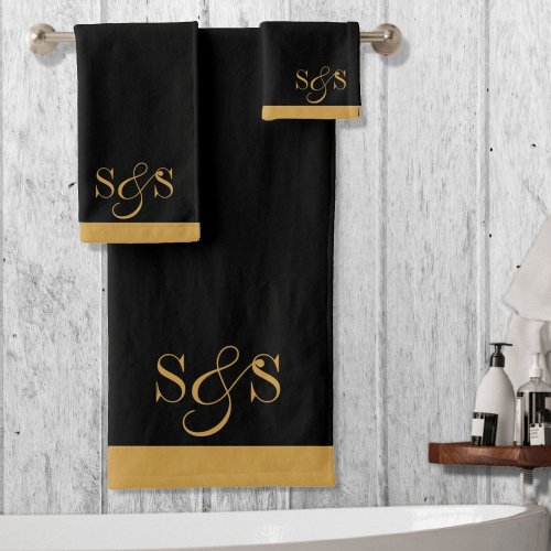 Wedding Monogram Gold Initials Serif Script Black Bath Towel Set