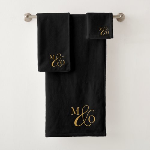 Wedding Monogram Gold Initials Serif Script Black Bath Towel Set