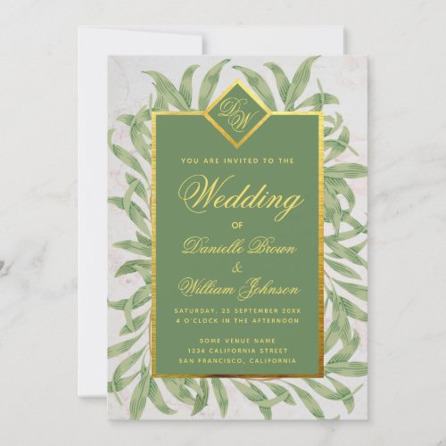 Wedding Monogram Green Leaves Faux Gold Botanical  Invitation