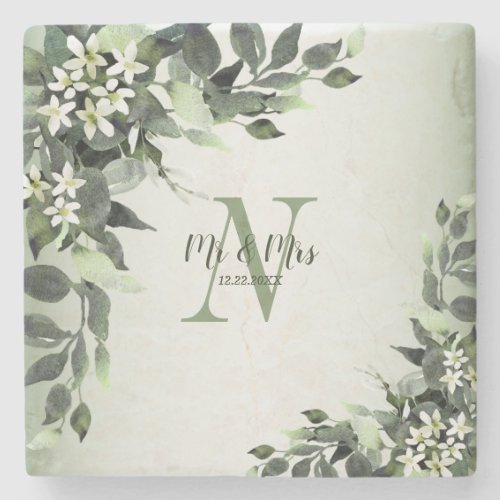 Wedding Monogram Greenery Floral Leaves Stone Coaster