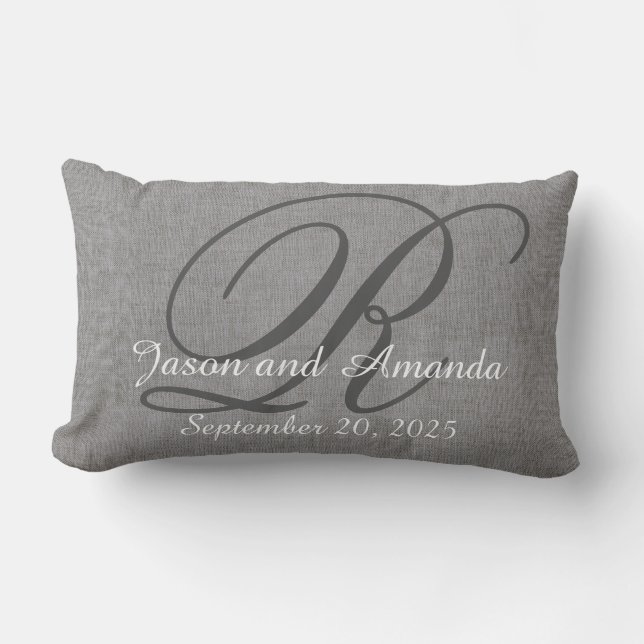 Wedding Monogram Grey Rustic Linen Look Lumbar Pillow (Front)