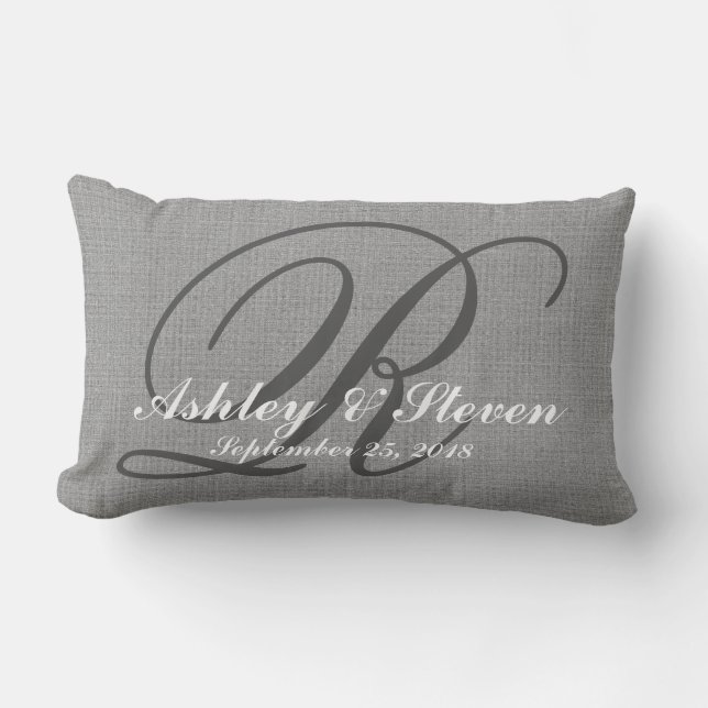 Wedding Monogram Grey Rustic Linen Look Lumbar Pillow (Front)