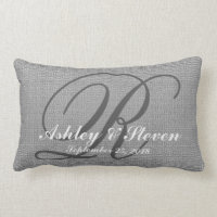 Wedding Monogram Grey Rustic Linen Look Lumbar Pillow