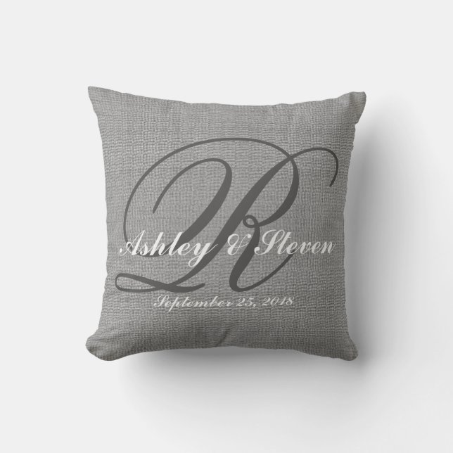 Wedding Monogram Grey Rustic Linen Look Throw Pillow (Front)