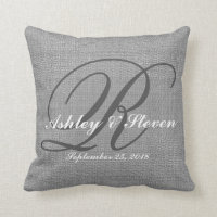 Wedding Monogram Grey Rustic Linen Look Throw Pillow