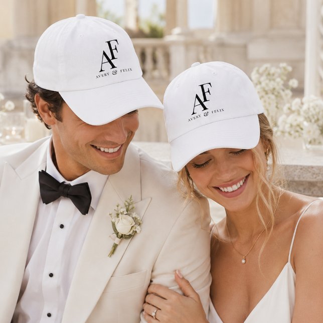 Wedding Monogram Hat | Cotton Baseball Cap Favor (Custom couple initials hat with a classic black and white look for wedding events.)