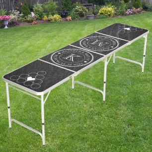 Wedding Monogram Heart Black Granite Stone Beer Pong Table
