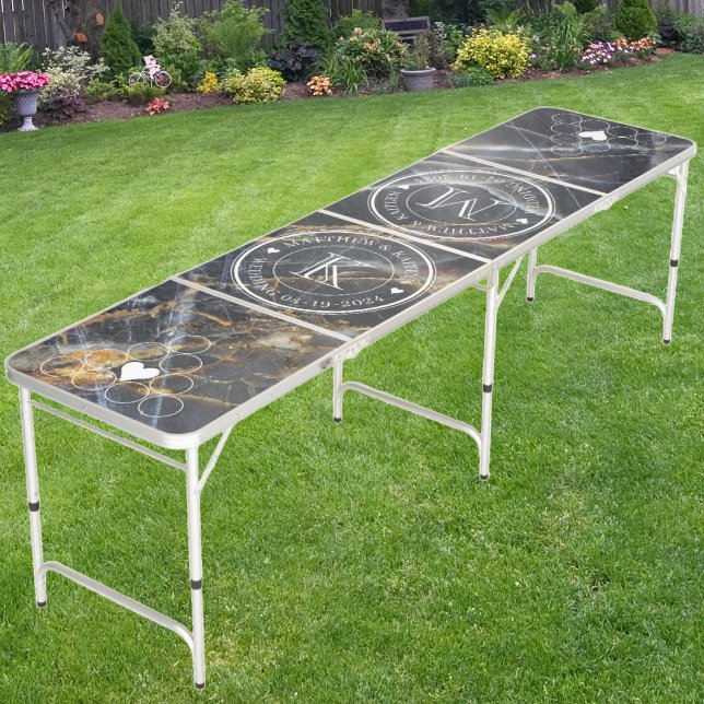 Wedding Monogram Heart Black Marble & Gold Stone Beer Pong Table (Creator Uploaded)