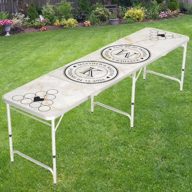 Wedding Monogram Heart Calacatta Gold Marble Stone Beer Pong Table (Creator Uploaded)
