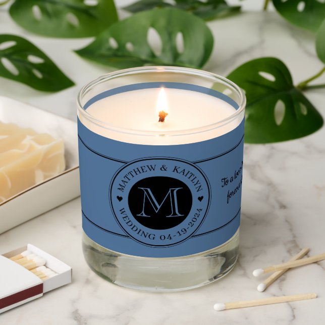 Wedding Monogram Heart Capri Blue Scented Candle (Lit)