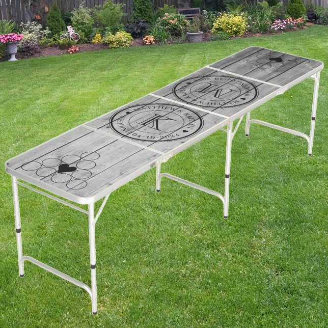 Wedding Monogram Heart Dark Clean Gray Wood Boards Beer Pong Table (Creator Uploaded)