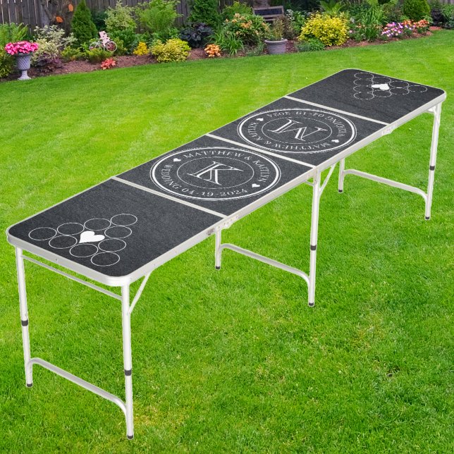 Wedding Monogram Heart Dark Granite Stone  Beer Pong Table (Creator Uploaded)