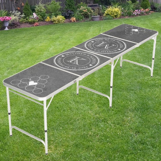 Wedding Monogram Heart Dark Slate Stone  Beer Pong Table (Creator Uploaded)