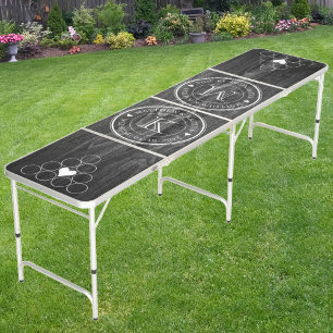 Wedding Monogram Heart Dark Weathered Wood Beer Pong Table