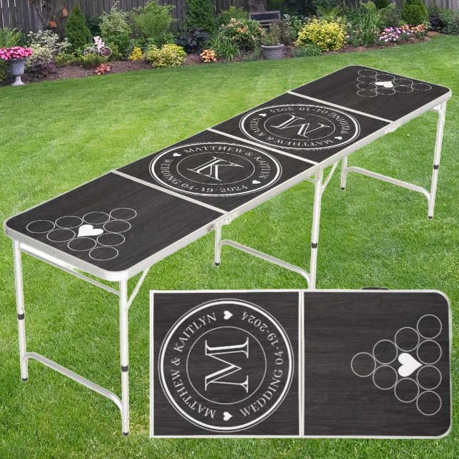 Wedding Monogram Heart Dark Wood with Name & Date Beer Pong Table (Creator Uploaded)