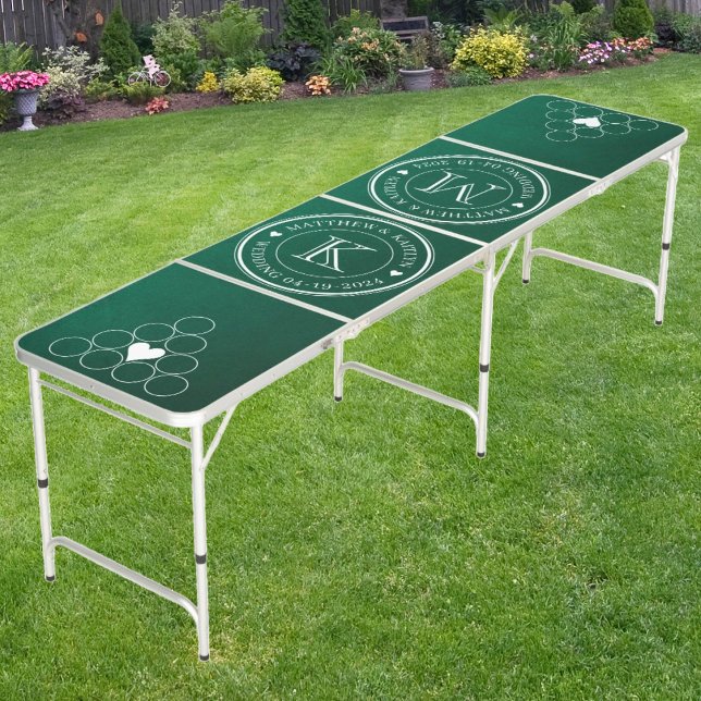 Wedding Monogram Heart Emerald Green  Beer Pong Table (Creator Uploaded)