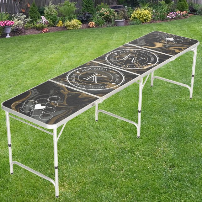 Wedding Monogram Heart Gold Black Marble Stone  Beer Pong Table (Creator Uploaded)