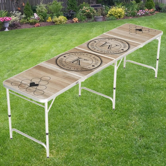 Wedding Monogram Heart Light Ash Wood Beer Pong Table (Creator Uploaded)