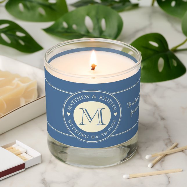 Wedding Monogram Heart Light Capri Blue Scented Candle (Lit)