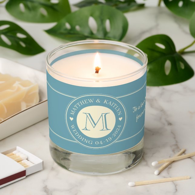 Wedding Monogram Heart Light Warm Aqua Afternoon Scented Candle (Lit)