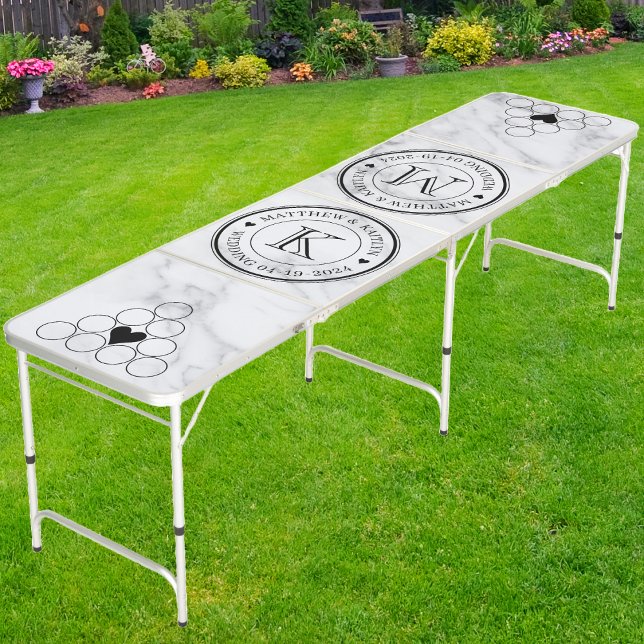 Wedding Monogram Heart Modern Clean White Marble Beer Pong Table (Creator Uploaded)