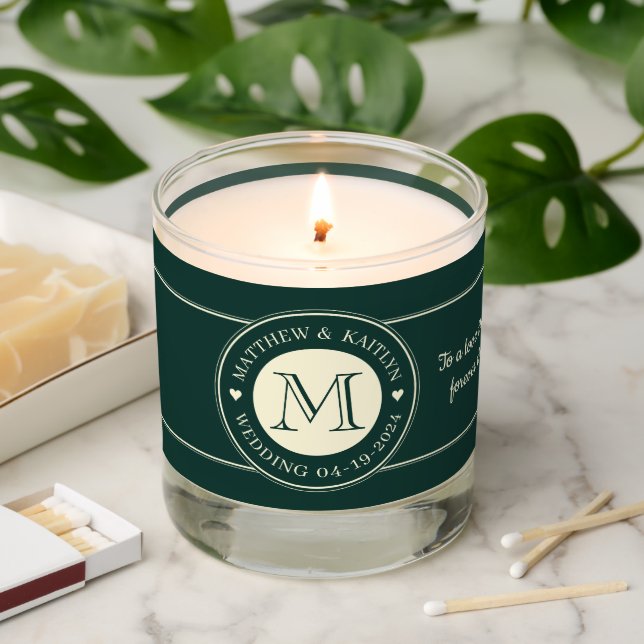 Wedding Monogram Heart Sage Green Scented Candle (Lit)