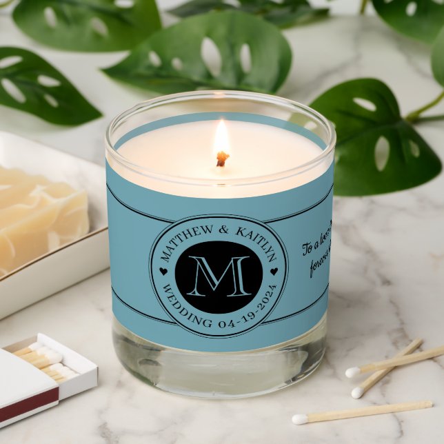 Wedding Monogram Heart Warm Aqua Afternoon Scented Candle (Lit)