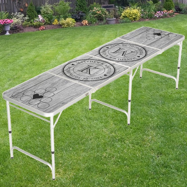 Wedding Monogram Heart Weathered Dark Gray Wooden  Beer Pong Table (Creator Uploaded)