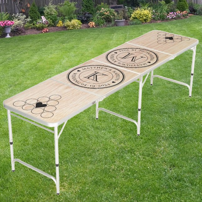 Wedding Monogram Heart White Ash Wood Beer Pong Table (Creator Uploaded)