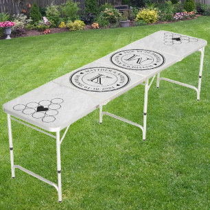 Wedding Monogram Heart White Marble Stone Beer Pong Table