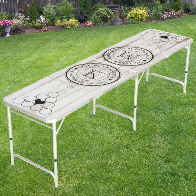 Wedding Monogram Heart White Wash Wooden Boards Beer Pong Table (Creator Uploaded)