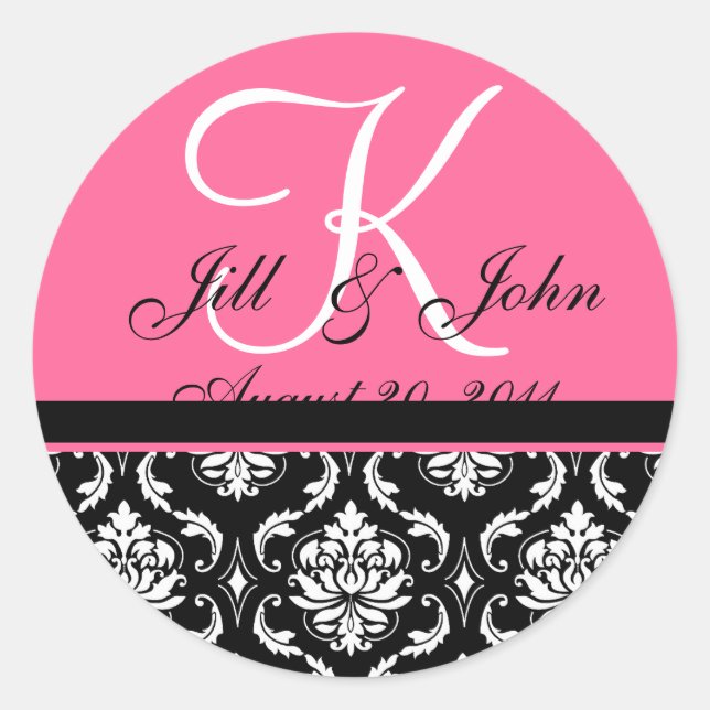 Wedding Monogram Initial Names Pink Damask Seal (Front)