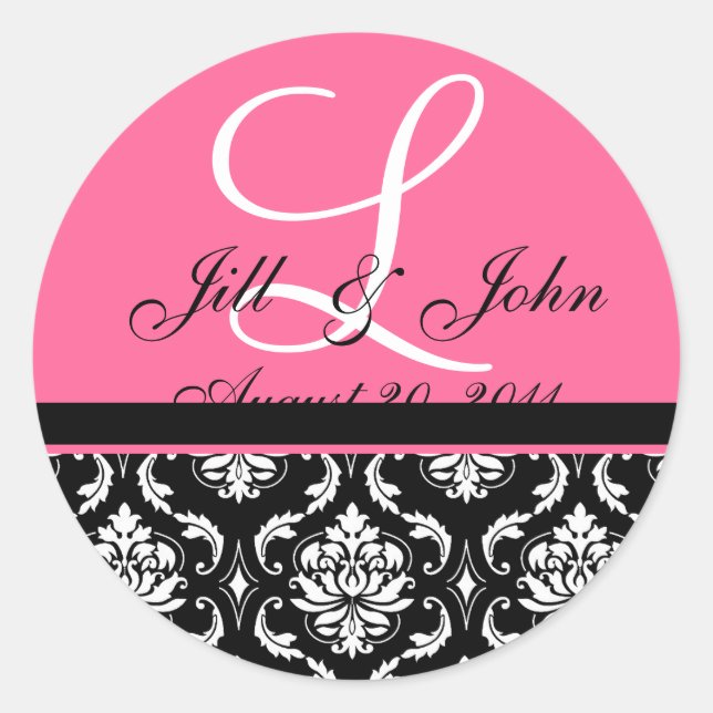 Wedding Monogram Initial Names Pink Damask Seal (Front)