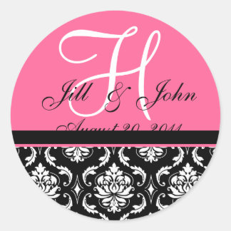 Wedding Monogram Initial Names Pink Damask Seal