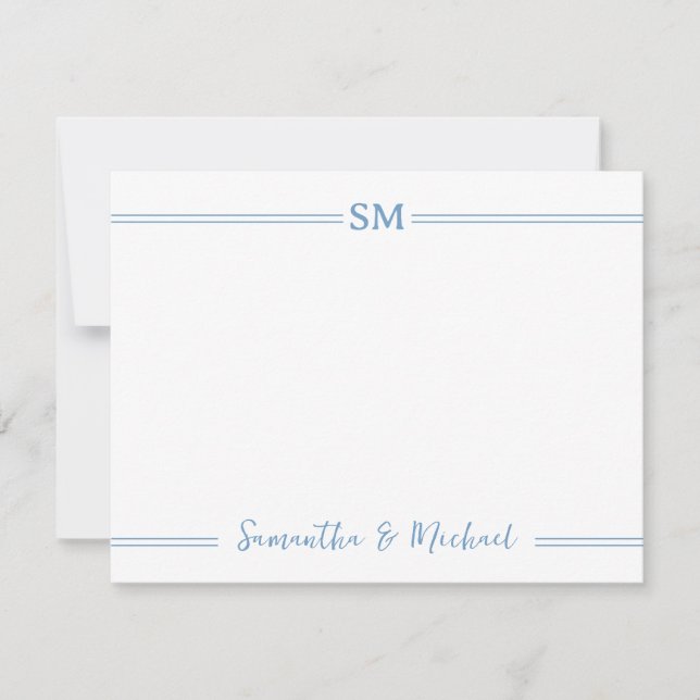 Wedding Monogram Initials Couple Name Blue Lines   Note Card (Front)
