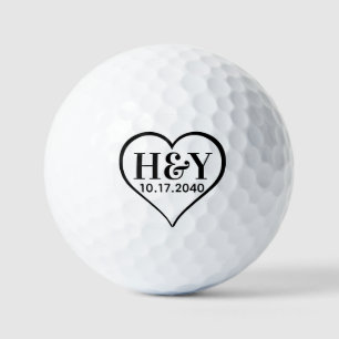 Wedding Monogram Initials Date Black White Heart Golf Balls