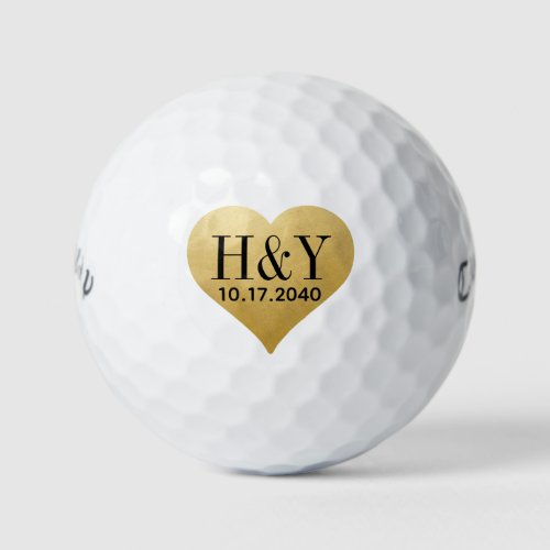 Wedding Monogram Initials Date Gold Heart  Golf Balls