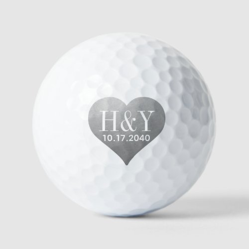 Wedding Monogram Initials Date Silver Heart Golf Balls