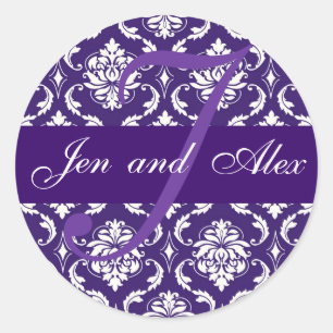 Wedding Monogram J Purple Damask Favor Sticker