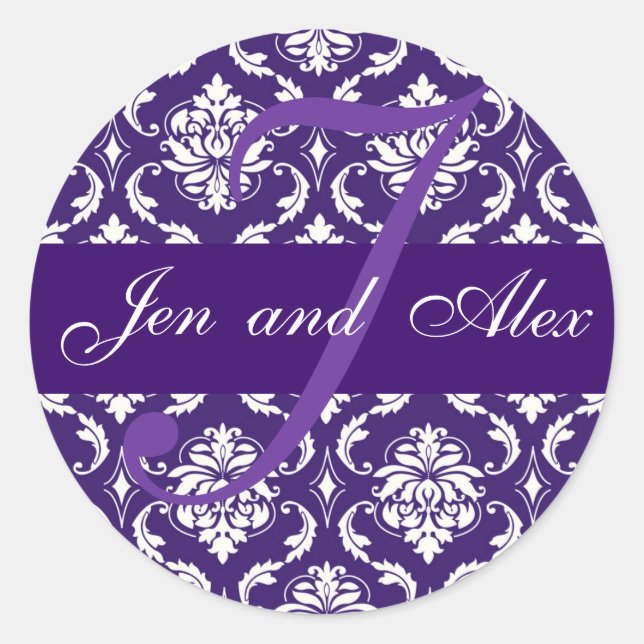 Wedding Monogram J Purple Damask Favor Sticker (Front)