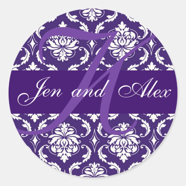 Wedding Monogram K Purple Damask Favor Sticker (Front)