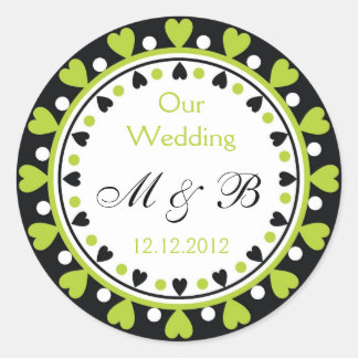 Wedding Monogram - Leaf Green Hearts Classic Round Sticker