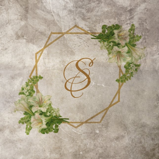 Wedding Monogram Lilies Gold Floral Geometric  Floor Decals (Insitu)