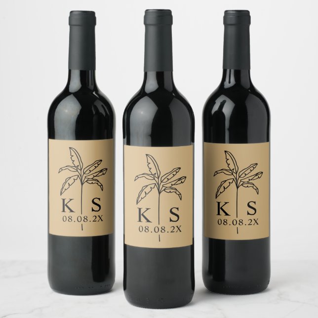 Wedding Monogram Logo Palm Tree Wine Label (Bottles)