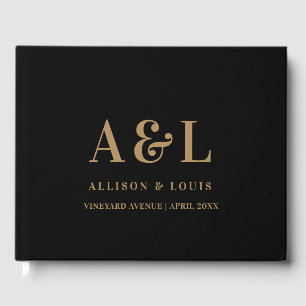 Wedding Monogram Minimalist Black Gold Guest Book