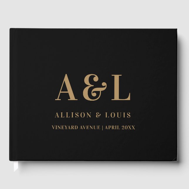 Wedding Monogram Minimalist Black Gold Guest Book (Front)